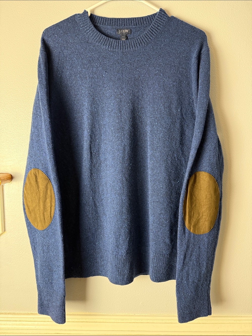 Vintage J. Crew Navy Crewneck Sweater with Tan Elbow Patches. 80% lambswool